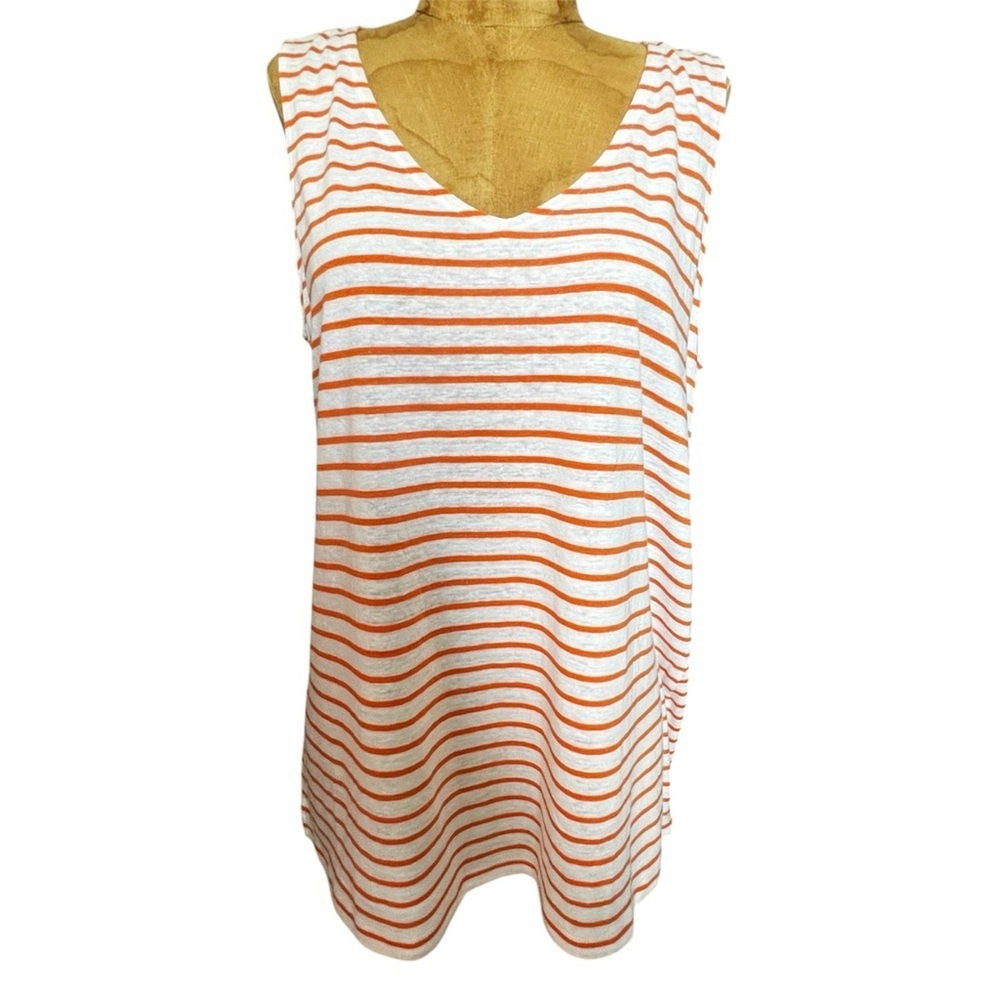 J. Jill Orange and White Striped Linen Blend V-Neck Top NWT M